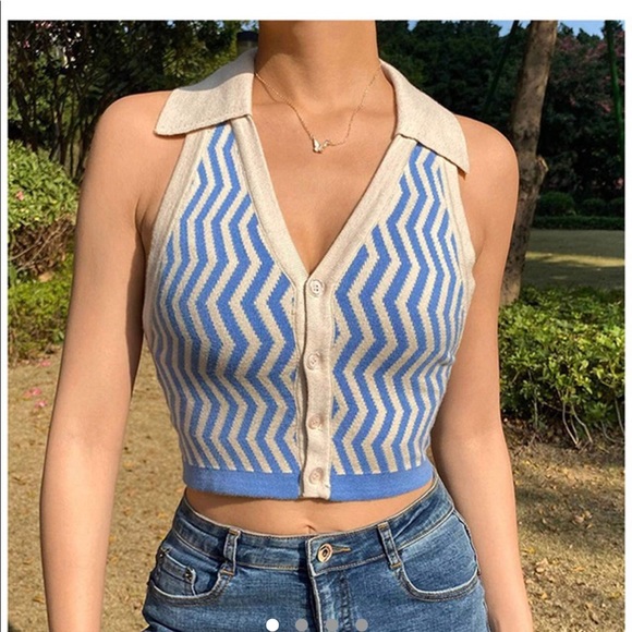 Tops | White Blue Zig Zag Striped Halter Top New Sz S | Poshmark